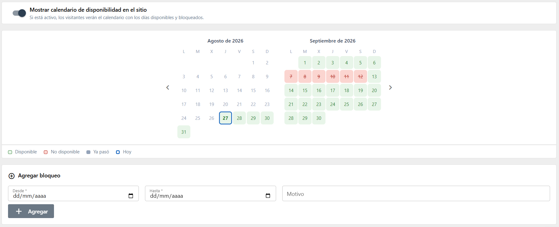Calendario de disponibilidad en el CRM, con los días disponibles, los bloqueados y el formulario para agregar un bloqueo