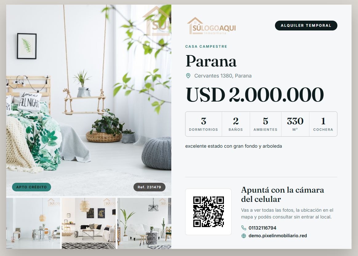 Ficha de propiedad lista para imprimir, con la foto principal, las miniaturas, los datos y el código QR