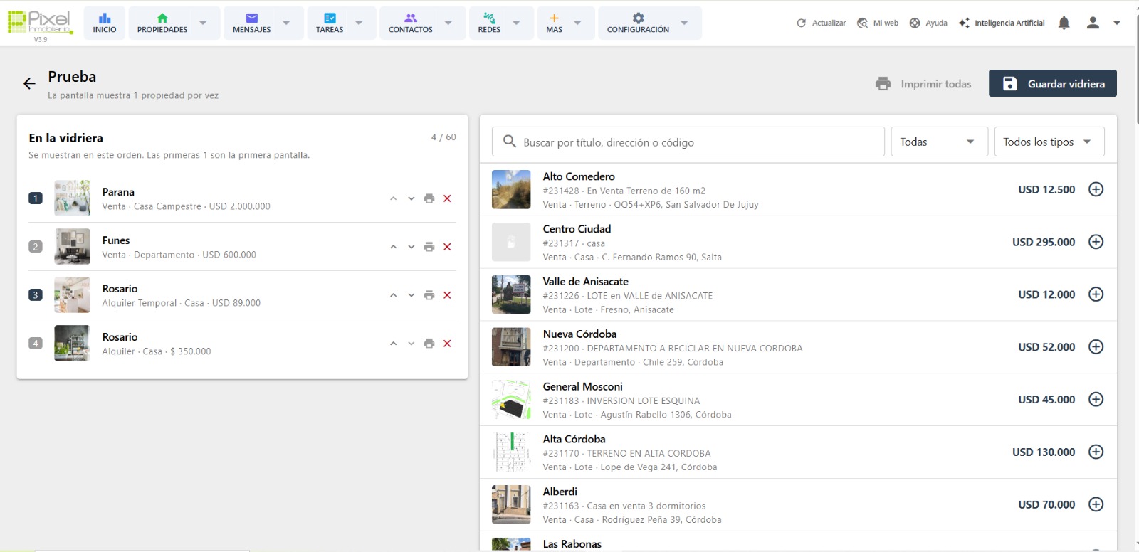 Pantalla del CRM para elegir las propiedades de la vidriera, con el buscador a la derecha y la lista ordenada a la izquierda